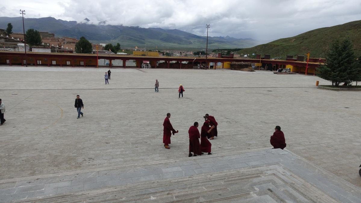 玩单反的小喇嘛与新到的游客